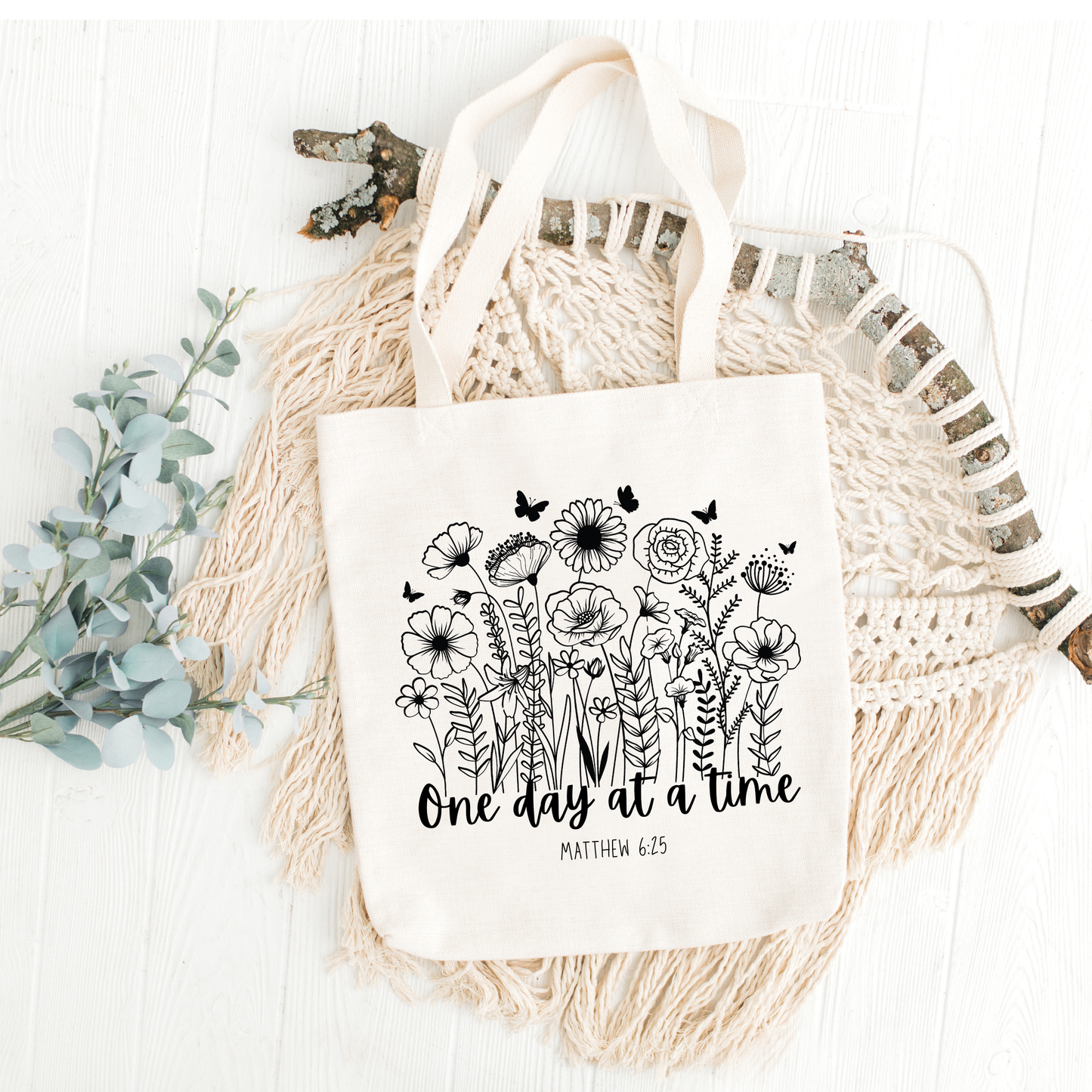 “One Day at a Time” – Matthew 6:25 Floral Tote Bag